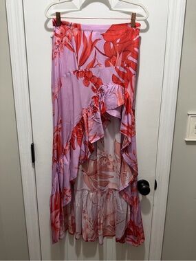 Self Contrast- Lavender & Red Floral Ruffle Maxi Skirt